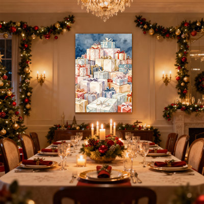 Christmas Colorful Gift Boxes Stacked Watercolor Art Set of 3 Canvas Wall Art Prints