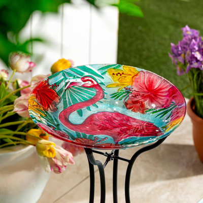 18" Glass Bird Bath, Floral Flamingo