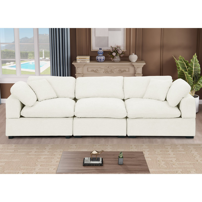 Canapé modulaire à 3 places, siège moelleux, coussins larges, 2 coussins pour les accoudoirs et 2 coussins décoratifs, Blanc