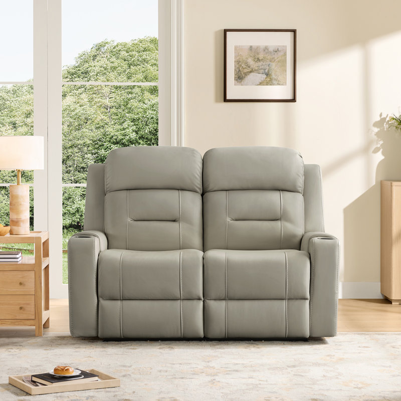 Ensemble de salon inclinable électrique en cuir véritable avec repose-tête électrique Olathe, Gris clair