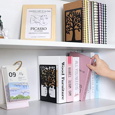 Bookends, 3 Pairs Of Book Ends For Shelves Decorative, Black Metal Bookend Supports For Heavy Books, Tree Book Holders For Shelf Decoration, Book Stoppers For Home Office School