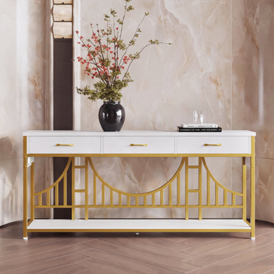 Console 68,9 po à cadre doré avec 3 tiroirs de rangement, station de charge et tablettes, table d'entrée contemporaine avec pieds réglables