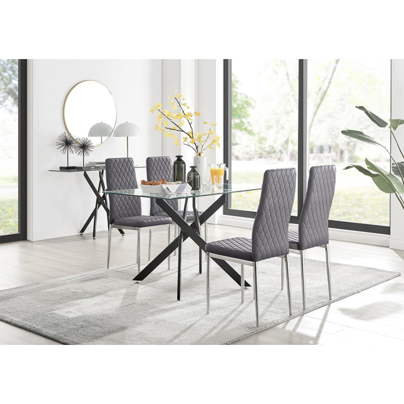 Lenworth Glass Rectangular Dining Table Set with 4 Quilted Velvet Dining Chairs, Grey, Silver