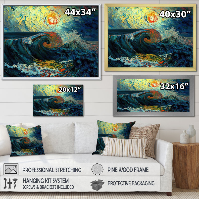 Vagues sauvages se brisant au coucher du soleil - impression, H 16 po x l 32 po x P 1 po, Cadre flottant doré