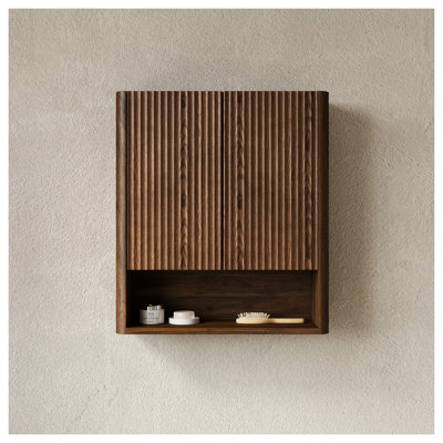 ZULA 26" Wall-Mounted Bathroom Cabinet with Doors and Open Storage - Dark Walnut Woodgrain Over Toilet Storage Cabinet for Bathroom Organization