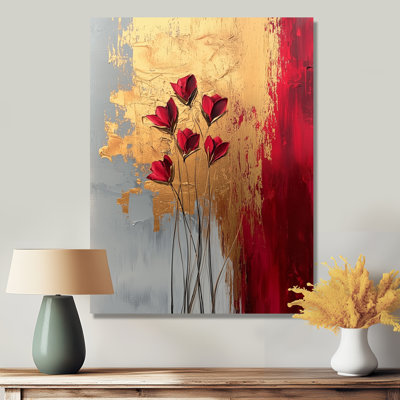 Fleurs roses et dorées, forme pure de marbre I - reproduction d'art traditionnelle en métal, art mural coquelicot en métal