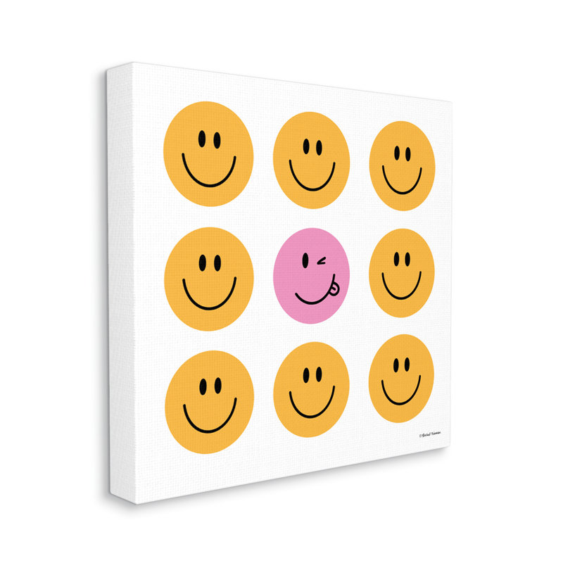 Visage souriant rose et jaune, Giclée encadrée blanc bord de mer, H 17 po x l 17 po x P 1,5 po