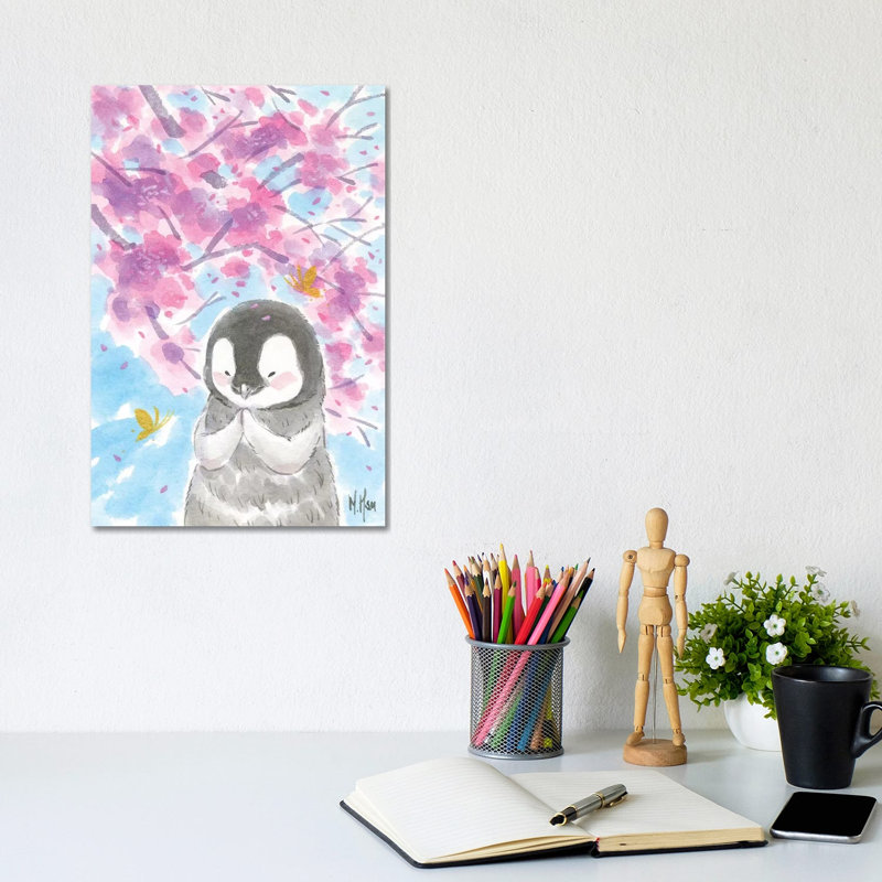 Cherry Blossom Penguin 1 Piece Painting on Canvas, 20.32 cm H x 30.48 cm W, Wrapped Canvas