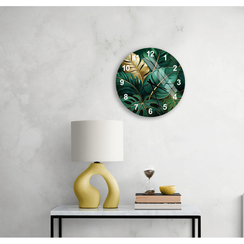 Horloge murale en verre trempé Bold Monstera, Blanc, Feuille de Monstera sur une jungle 1