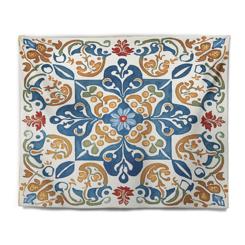 Carreaux de polyester méditerranéen en tapisserie bleue rétro avec punaises, H 32 po x l 39 po