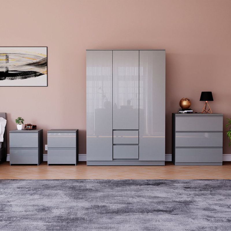 Taniesha 4 Piece Bedroom Set (2 Drawer Bedside Chest X2, 3 Drawer Chest, 2 Door 2 Drawer Wardrobe), (100% FSC), Grey