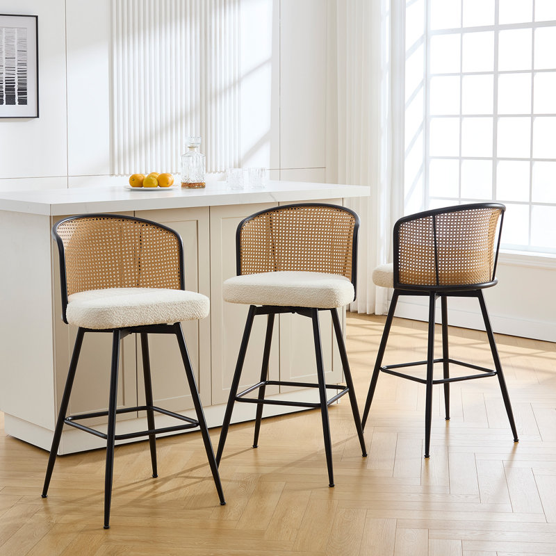 Cane Back Swivel Upholstered Stool, Counter Stool (26” Seat Height), Cream Boucle, 3