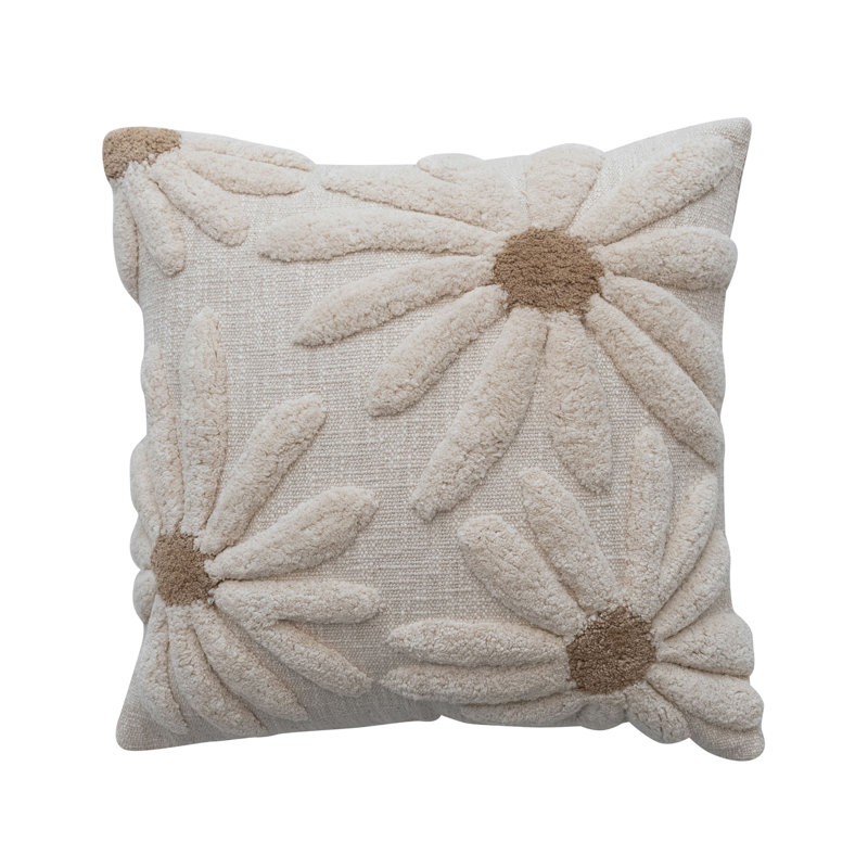 Cotton Slub Pillow With Tufted Flowers