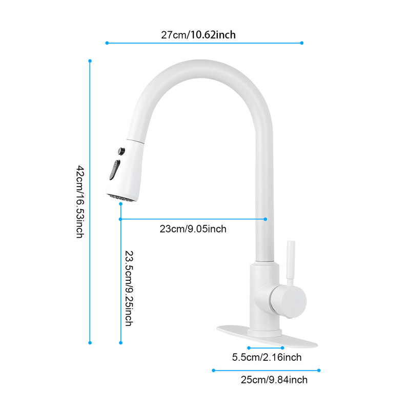 Robinet de cuisine en acier inoxydable blanc, douchette extractible pour une utilisation pratique, buse rotative à 360 °, deux réglages de débit d'eau, simple et facile, contrôle simple blanc avec douchette, sophistiqué moderne