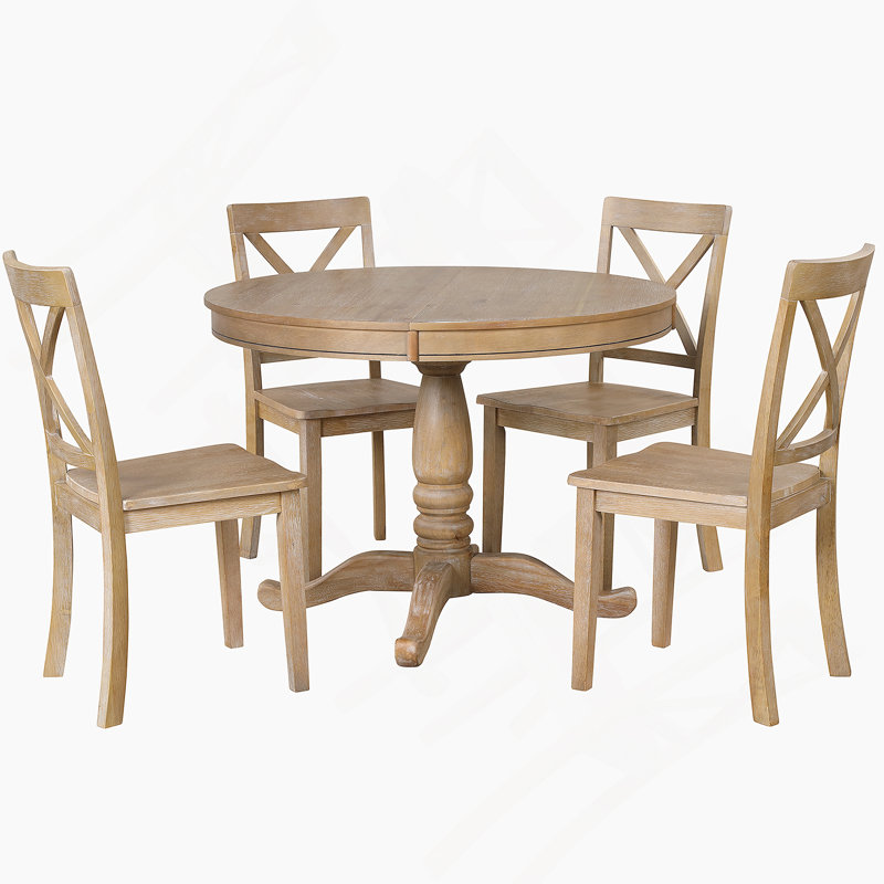 Ensemble de table de salle à manger de style campagnard pour 4 personnes, table ronde avec 4 chaises de cuisine confortables, idéale pour les réunions de famille et pour économiser de l'espace