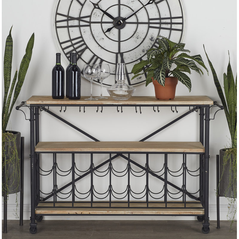 Industrial Black Iron and Fir Beverage Cabinet with Wine Storage