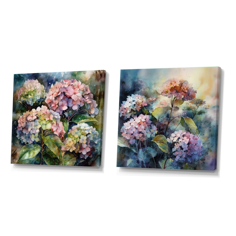 Hydreangea mauve / vert - ensemble de 2 hortensias floraux carrés, Toile tendue, H 16 po x l 33 po