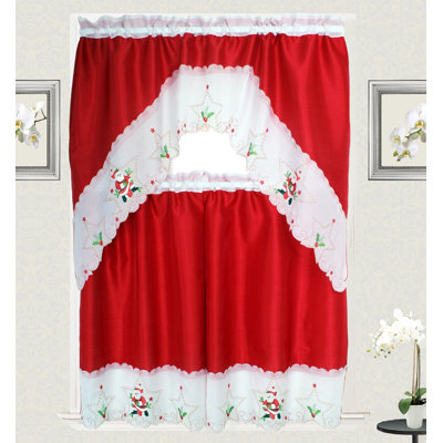 3pc Kitchen Curtain Set Dietrick design Christmas New Year Holidays Embroidered Modern Style Consist of 2 Tiers: 30"X36" each and a Swag: 60"X36" Red Color