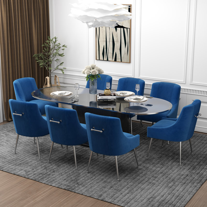 Farr Velvet Upholstered Side Chair With Silver Legs, Navy