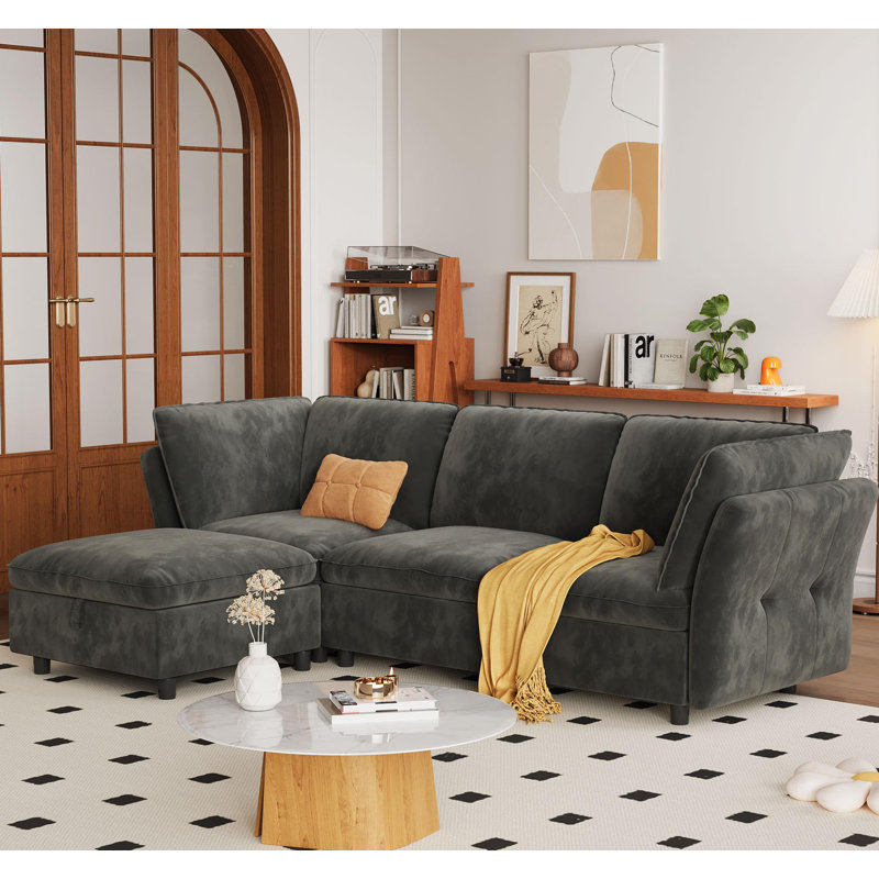 Canapé modulaire modulaire, canapés 3 places en L de 97 po avec repose-pieds et coussins, canapé modulaire en L à assise profonde en velours