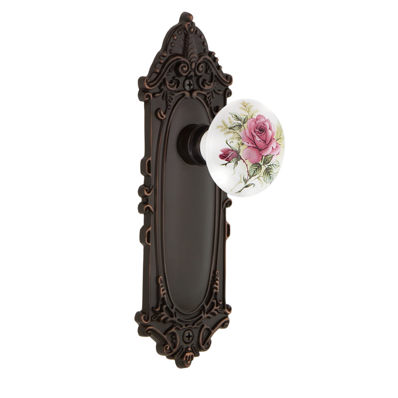 Victorian Plate with White Rose Porcelain Door Knob, Timeless Bronze, 2-3/4”