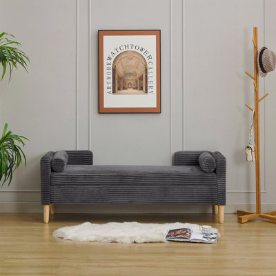 Banquette pour lit d'appoint avec rangement de 65,35 po de largeur et dessus rabattable, repose-pieds en velours côtelé avec accoudoirs et dossier et 2 traversins avec pieds en bois pour le salon, le bout du lit, le couloir et la chambre du vestibule. Gris anthracite