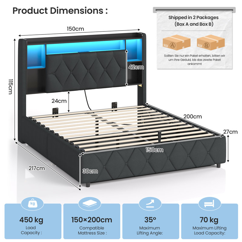 Ottoman Bed Frame with Charging Station and LED Lights, Upholstered Storage Beds with Lift-Up Underbed Storage, Easy Operation