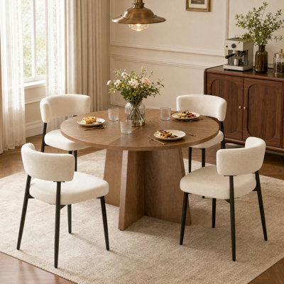 Round Dining Table Set with 4 White Curved‑Back Upholstered Dining Chairs, Modern Dining Room Table & Chair Combo