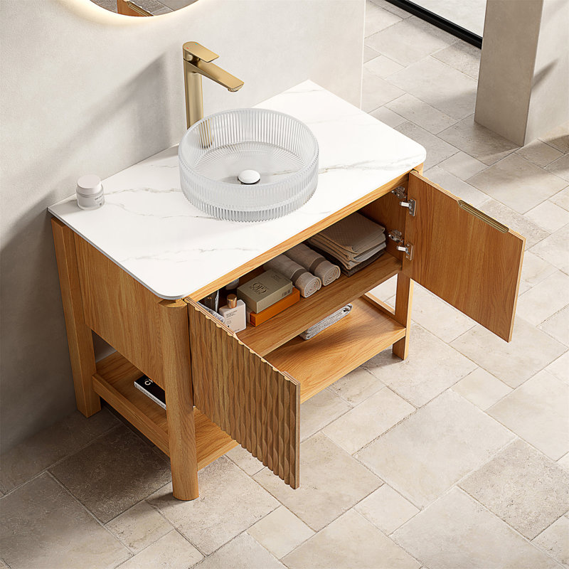 Meuble-lavabo autoportant avec plateau en pierre frittée et vasque en verre, 36" W
