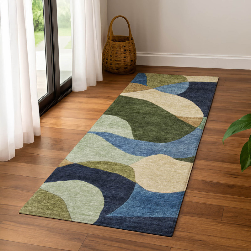 Premium Machine Washable Mayfield AMF2141 abstract Rug, 2'3" x 7'6" Runner, Green