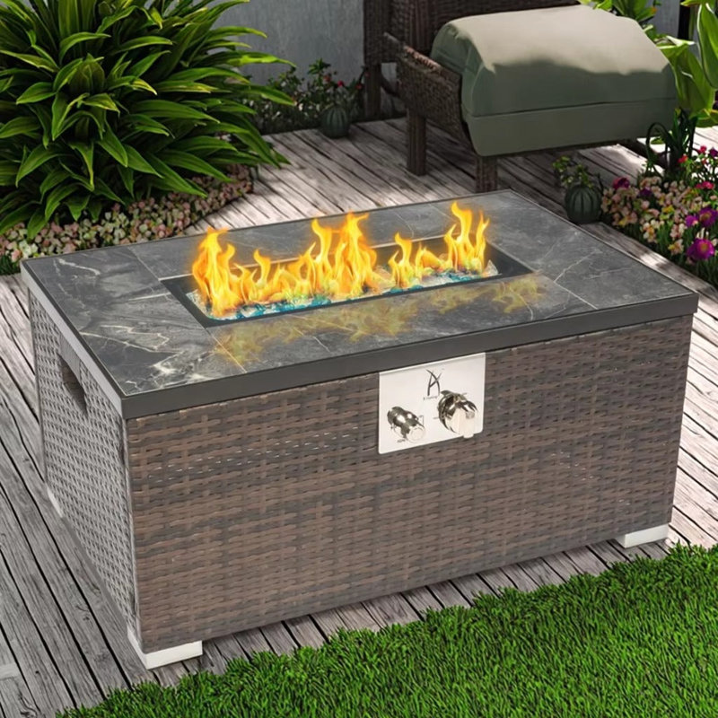 32" Rectangular Propane Fire Pit Table Wicker Patio Heater 50,000 BTU