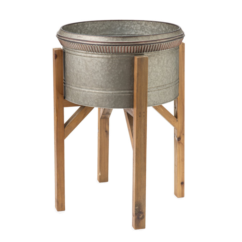 Set of 3 Galvanized Metal Planters with Wooden Stands