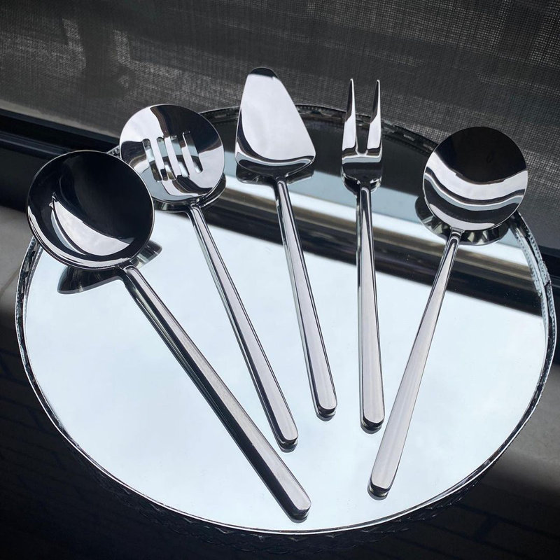 Premium 5-Piece Stainless Steel Sauce Service Set, Silver | Includes 8.1 in Ladle, 8.7 in Spoon, 8.9 in Fork, 8.7 in Strainer & 9.3 in Spatula | 100% Durable & Dishwasher Safe | Ideal for Culinary Enthusiasts & Entertaining