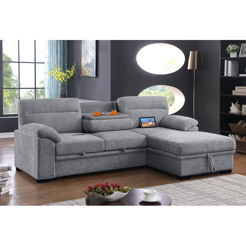Canapé-lit modulaire en chenille en tissu gris clair de 95 po de large avec méridienne Kipling II, porte-gobelets, port de chargement USB