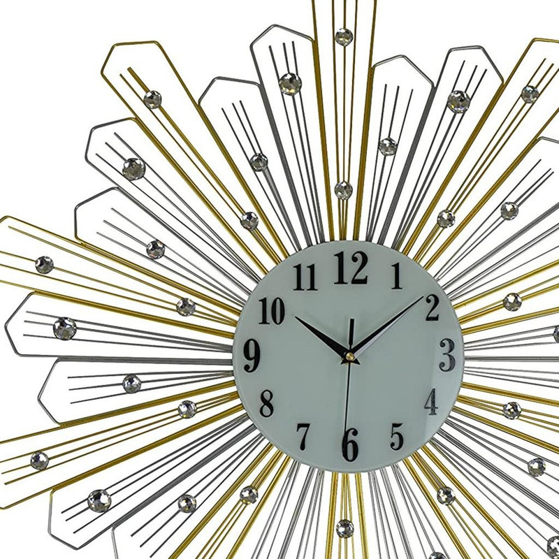 Horloge murale 27 po, argent, métal et faux cristaux