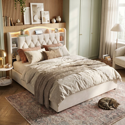 EU Double & King Velvet Ottoman Bed with Smart LED & Wireless Charging, Storage Headboard, 140/160x200cm in Grey/Beige