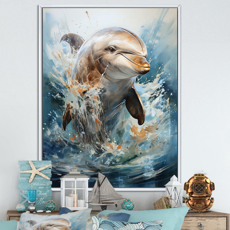 Dolphin Elegance - Art mural dauphin, Cadre flottant blanc, H 40 po x l 30 po x P 1,5 po