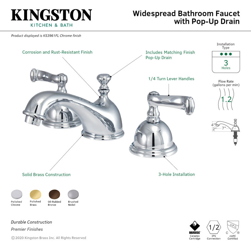 Kingston Brass Royale Two-Handle 3-Hole Deck Mount Widespread Bathroom Faucet with Brass Pop-Up Drain, Oil Rubbed Bronze