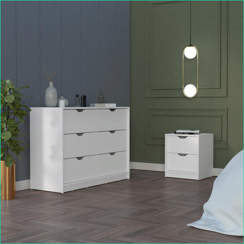Ensemble de chambre à coucher, commode 2 pièces + table de chevet Bennett, blanc neige | Commodes doubles | Panneau de particules