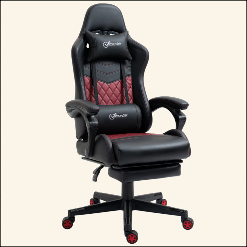 Fauteuil de jeu en cuir polyuréthane de bureau de course avec dossier inclinable, siège lombaire pivotant à dossier haut, soutien lombaire, hauteur réglable, noir