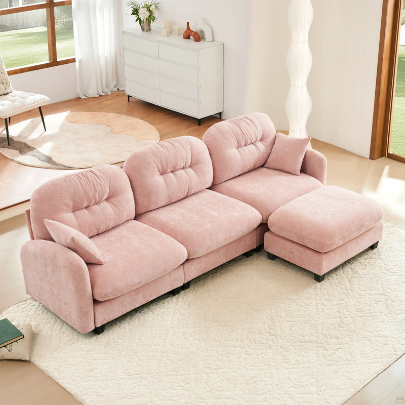 Canapé modulaire en L modulaire avec repose-pieds, tissu en chenille de qualité supérieure, conception plissée matelassée, conception ergonomique facile à installer, convient aux chambres à coucher, aux coins lecture des salons, rose