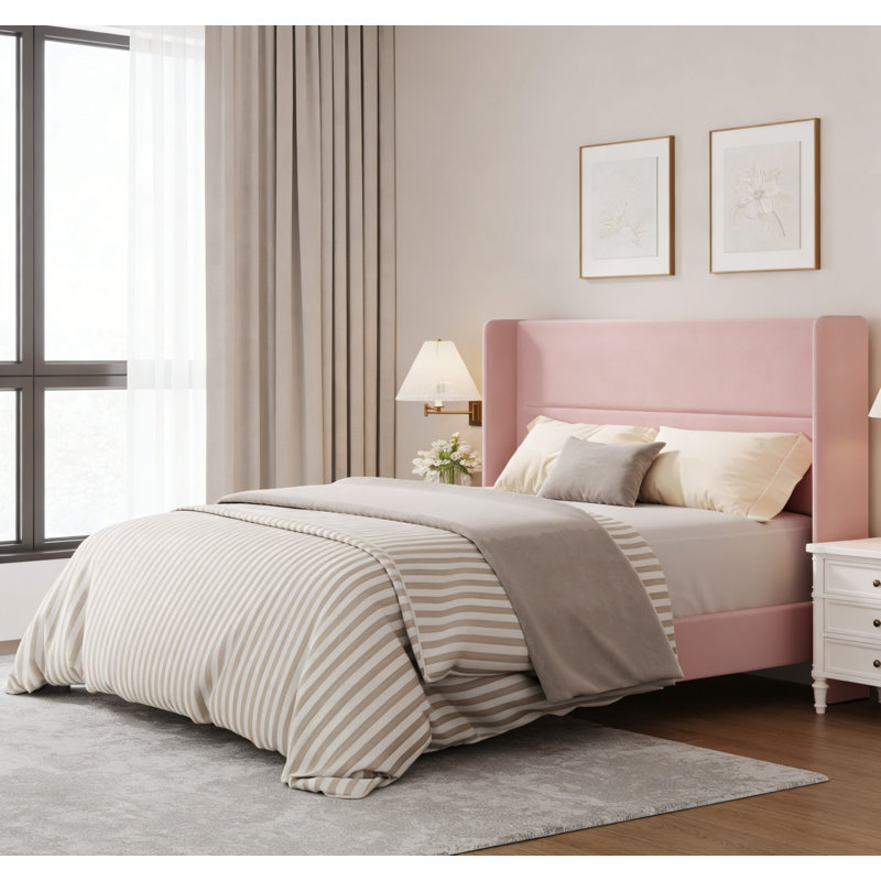 Lit plateforme tapissier en velours, Lit double, Rose
