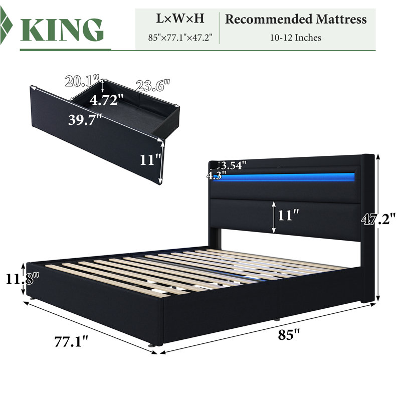 Berneil Upholstered King Bed Frame with RGBW LED Lights Headboard & 4 Storage Drawers, Black, Black, King