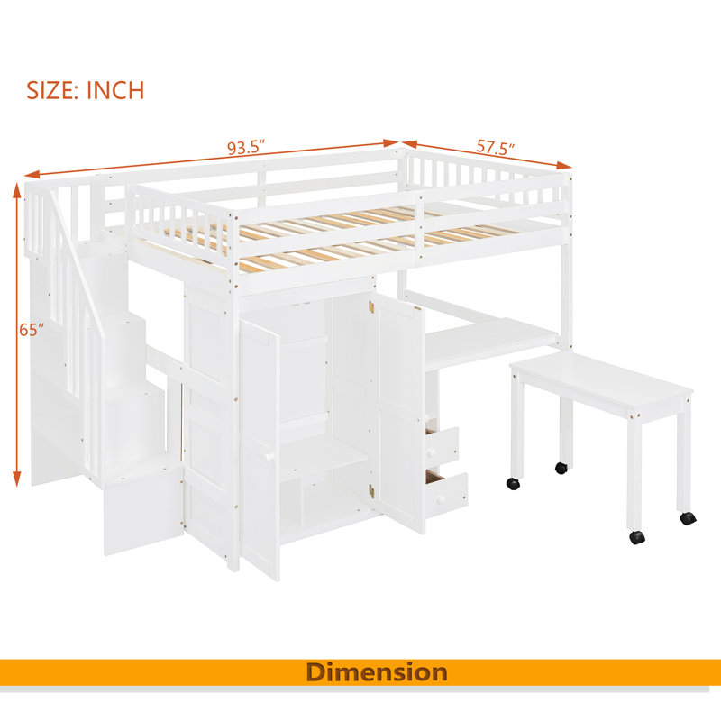 Lit mezzanine avec escalier, Lit double, Blanc