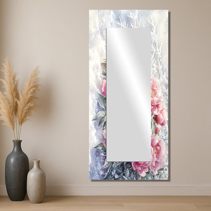 Pivoines dans la neige II - art mural miroir floral - imprimé sur métal, 28 po x 60 po