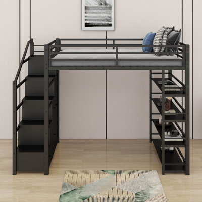 Lit mezzanine double en métal avec tablettes et garde-robe