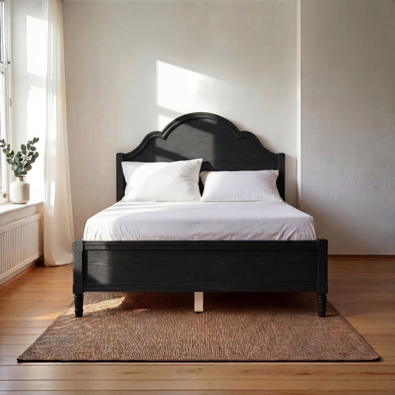 Queen Size Wood Platform Bed with Headboard and Footboard, Walnut, Full, Black