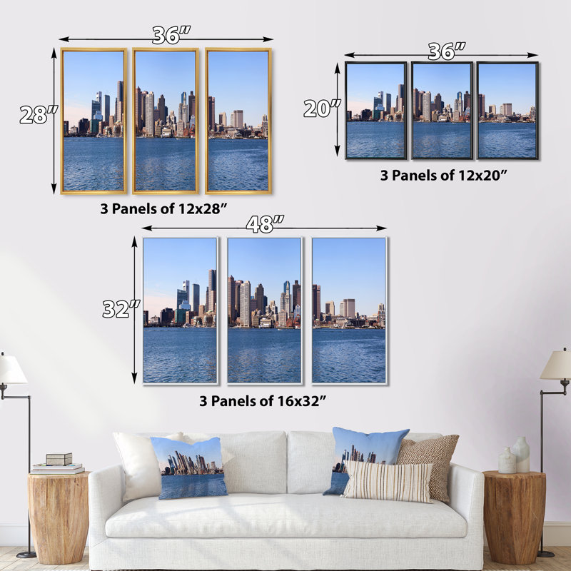 Boston Skyline Panorama - 3 pièces, cadre photo flottant sur toile, H 20 po x l 36 po, Noir