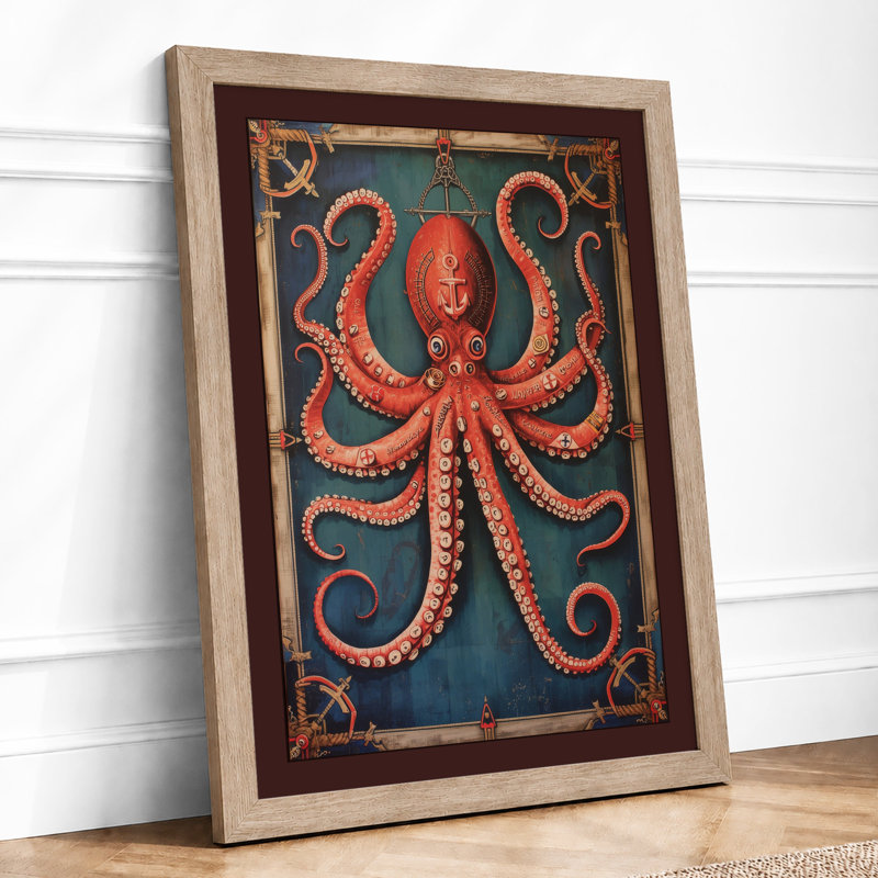 Ornamental Octopus Art Deco - Framed Print, A1 - 84.1 x 59.4 cm, Oak