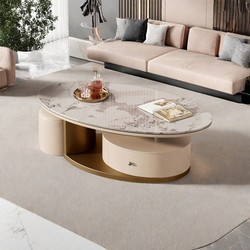 Modern storage oval rock plate coffee table, 16.5" H x 51.2" L x 27.6" W, Golden
